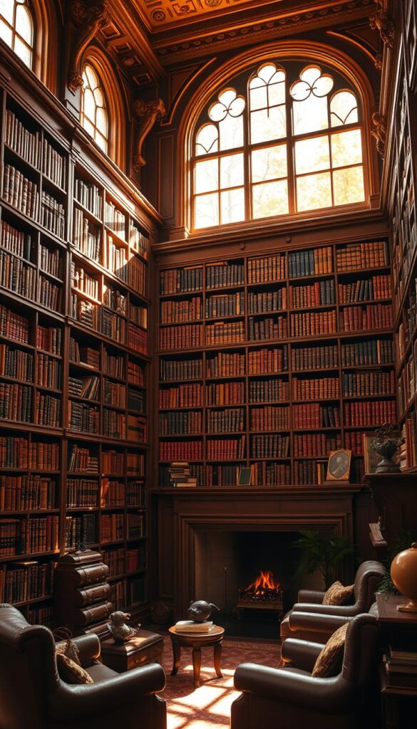 floor-to-ceiling bookshelves