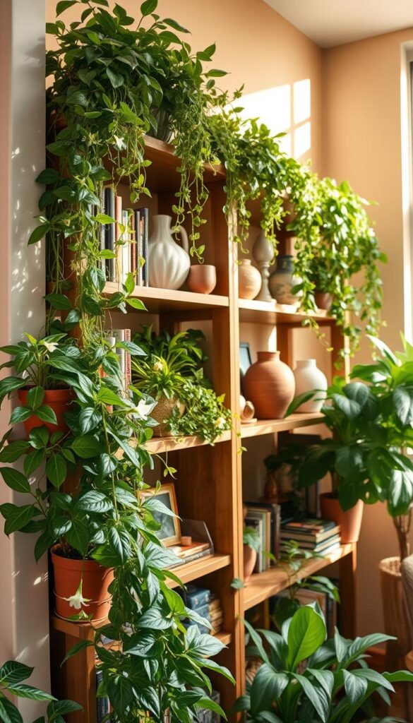 plants and decor for bookshelves