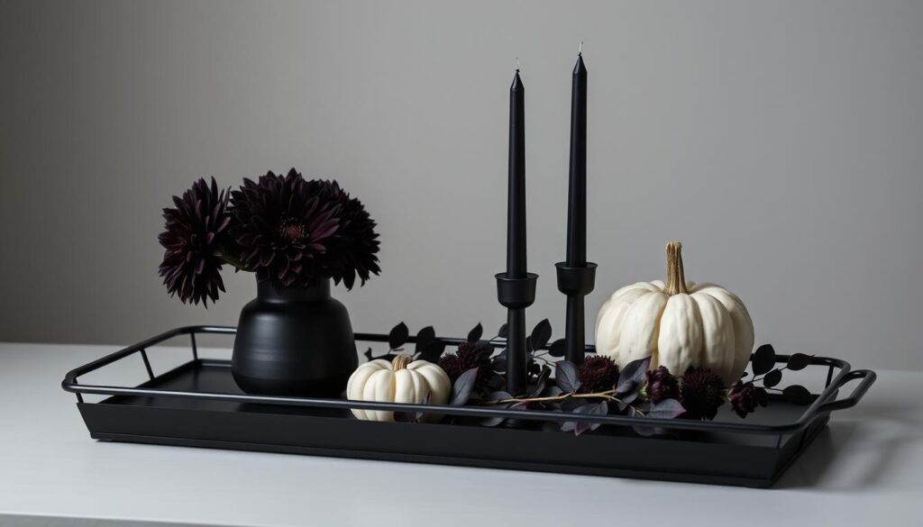 Black metal tray with dark purple flowers, black candles, and a single white pumpkin creating a moody minimalist fall display