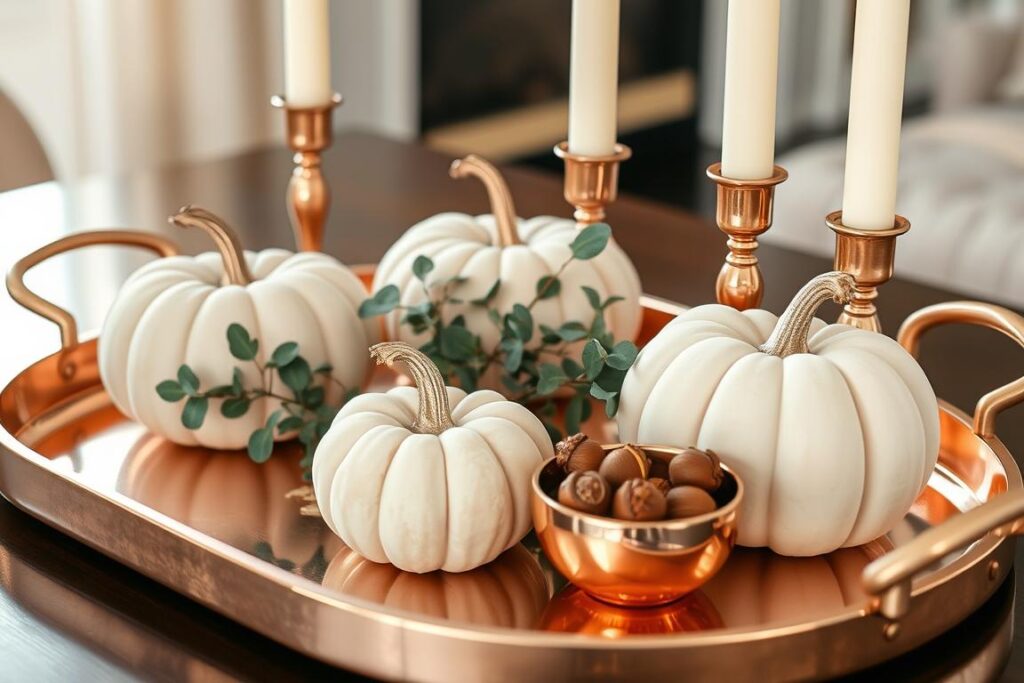 Copper tray with cream pumpkins, copper accents, and eucalyptus creating an elegant fall display