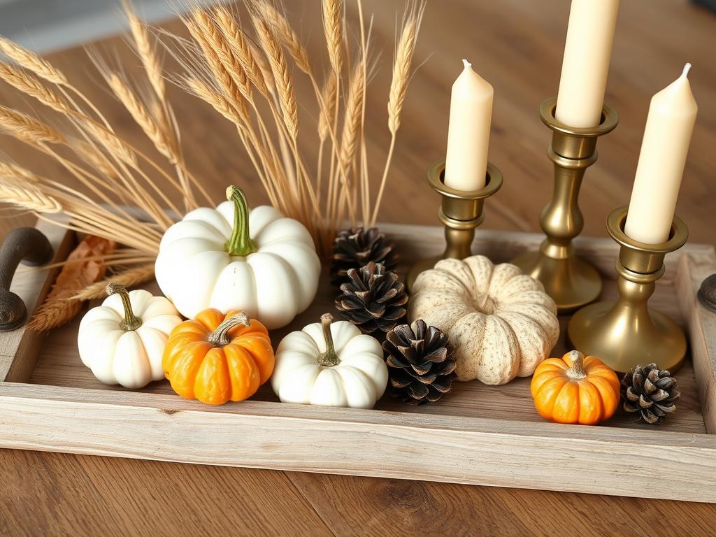Rustic wooden tray with mini pumpkins, wheat stalks, and vintage candle holders arranged in a harvest theme